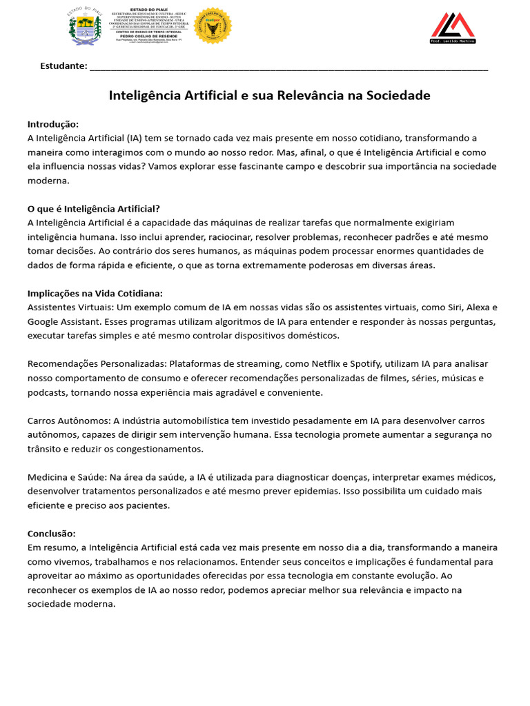 Impacto da Inteligência Artificial na Sociedade | PDF | Inteligência ...
