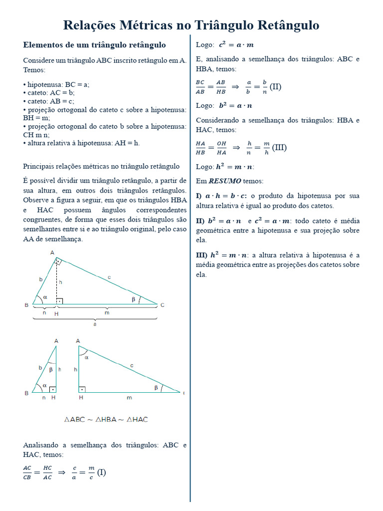 2A - Relações Métricas Triângulo Retângulo Com Exercícios | PDF ...