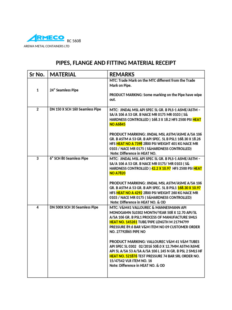Material Receipt for Pipes and Fittings | PDF | Pipe (Fluid Conveyance ...