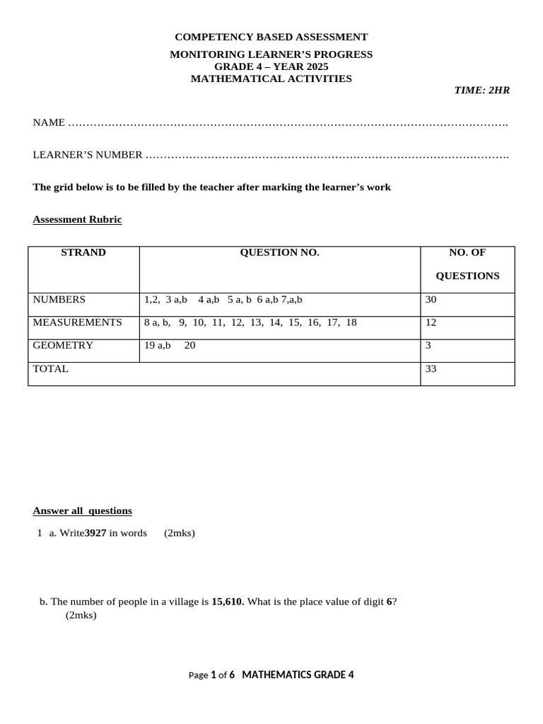 Grade 4 Mathematics Assessment 2025 | PDF | Mathematics