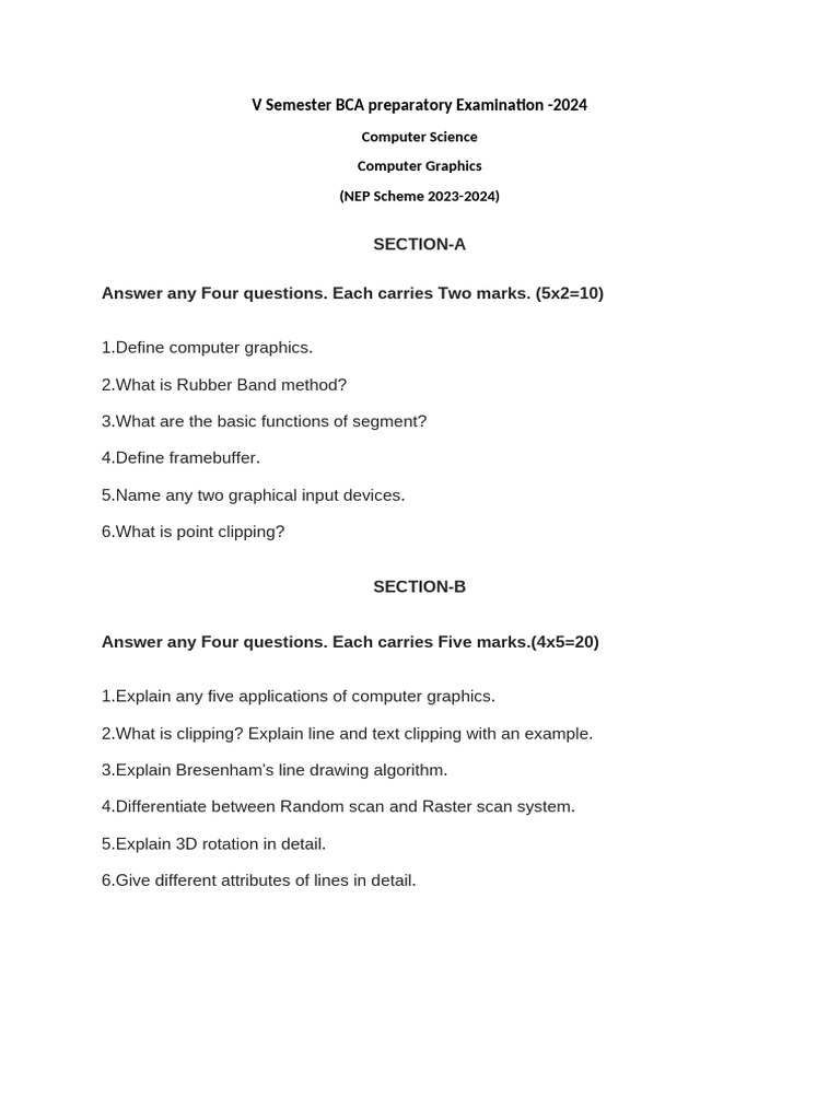 BCA Computer Graphics Exam Prep 2024 | PDF