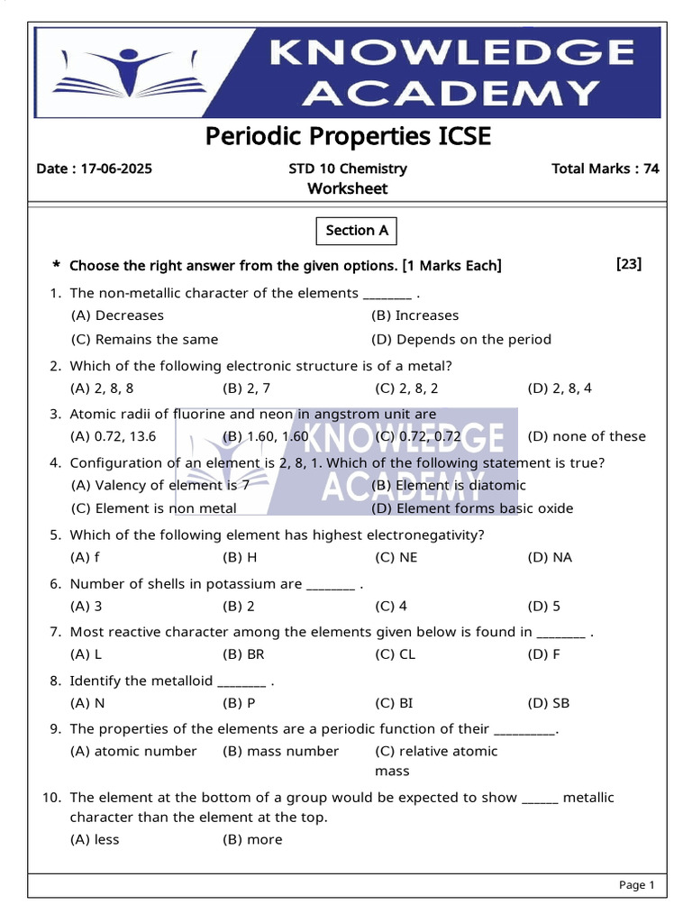 ICSE Class 10 Periodic Properties Worksheet | PDF | Periodic Table | Ion