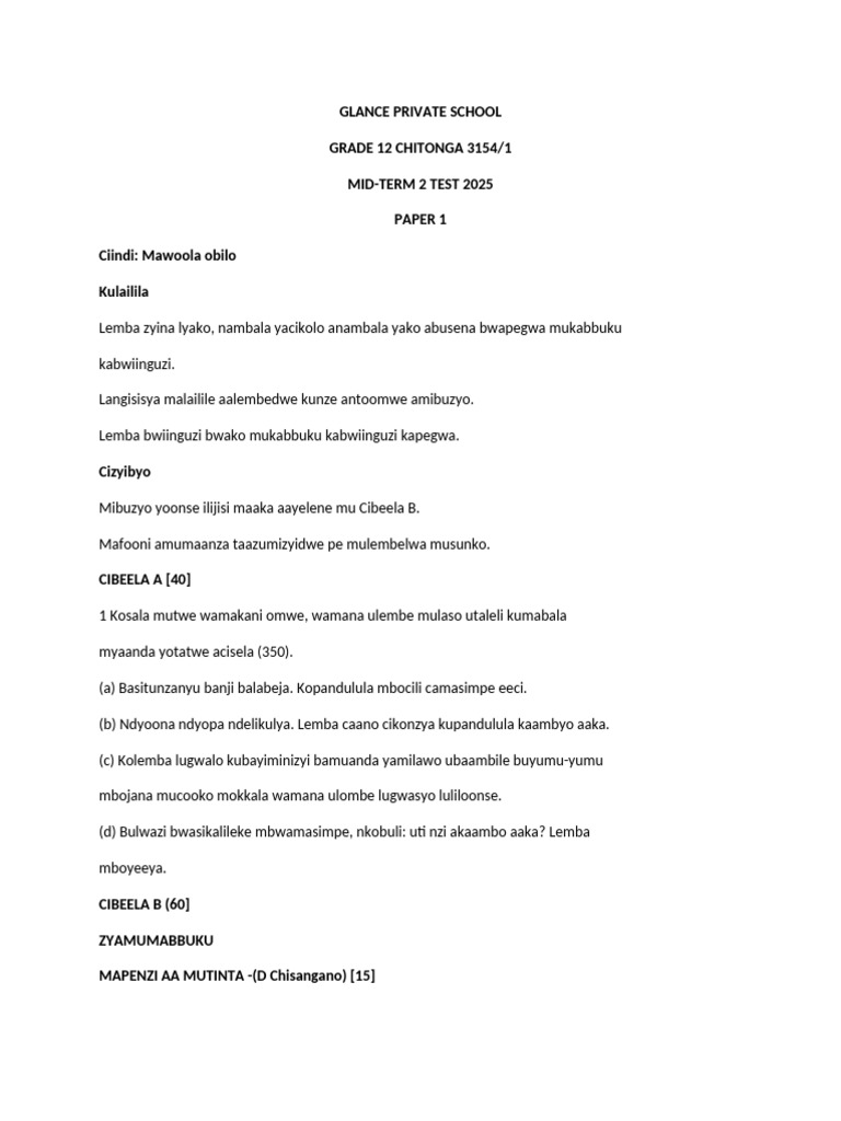 Grade 12 Chitonga Mid-Term Test 2025 | PDF
