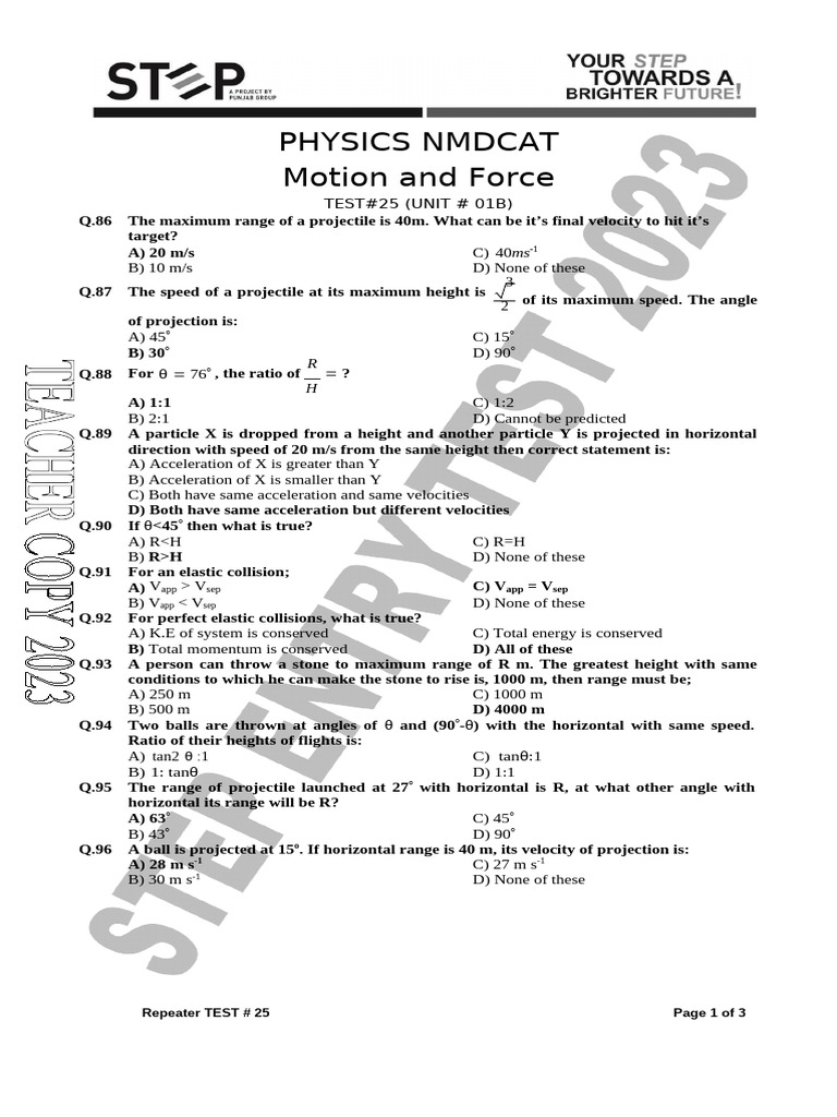 NMDCAT Physics Test on Motion & Force | PDF | Acceleration | Force