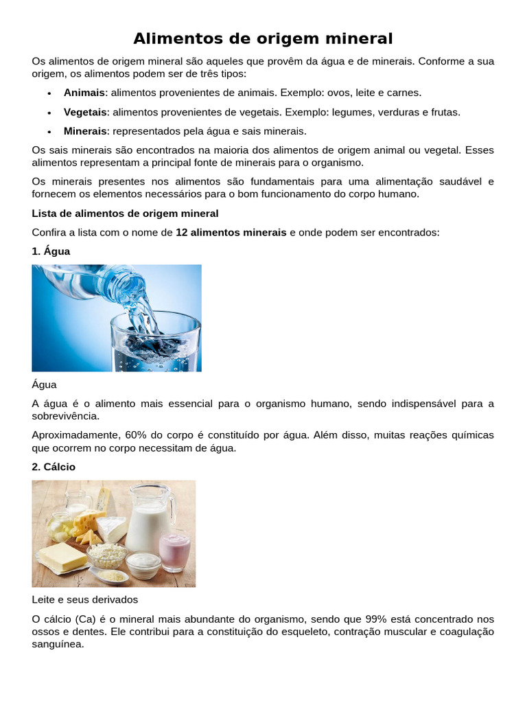 Alimentos de Origem Mineral e Exemplos | PDF | Alimentos | Cálcio