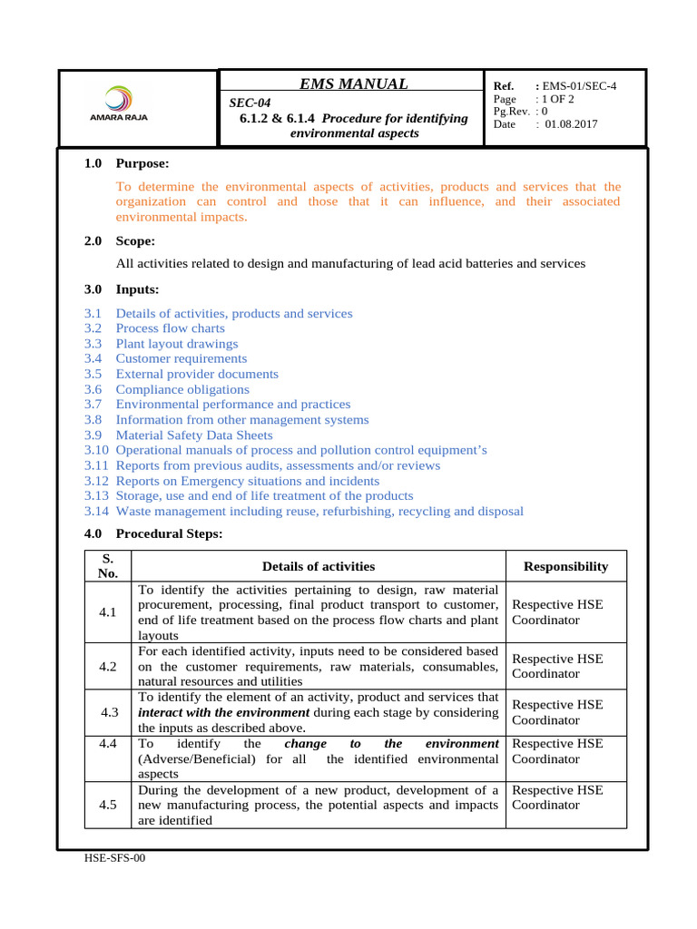 5 Procedure For Identification of Environmental Aspects | PDF | Waste ...