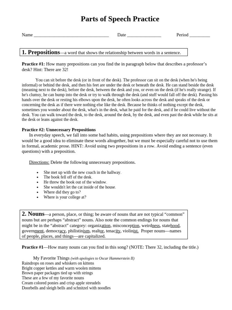 Parts of Speech Practice and Review | PDF | Pronoun | Verb