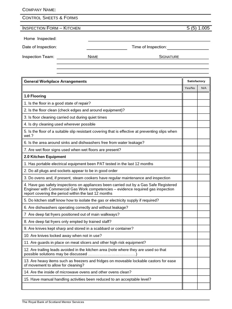 Kitchen Inspection Checklist Form | PDF | Kitchen | Refrigerator