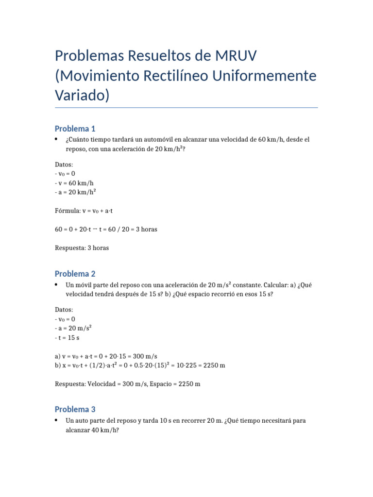 Ejercicios Resueltos de MRUV | PDF