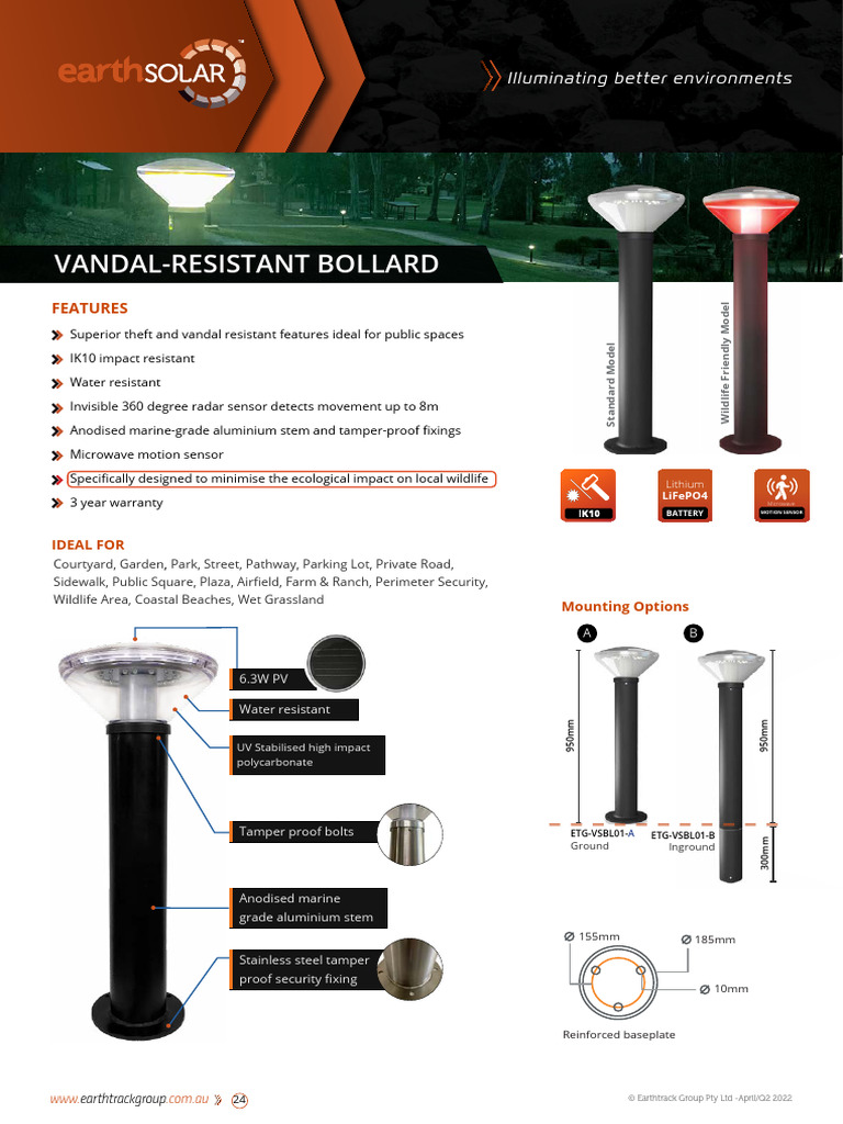 Vandal-Resistant Solar Bollard Features | PDF | Lighting | Color