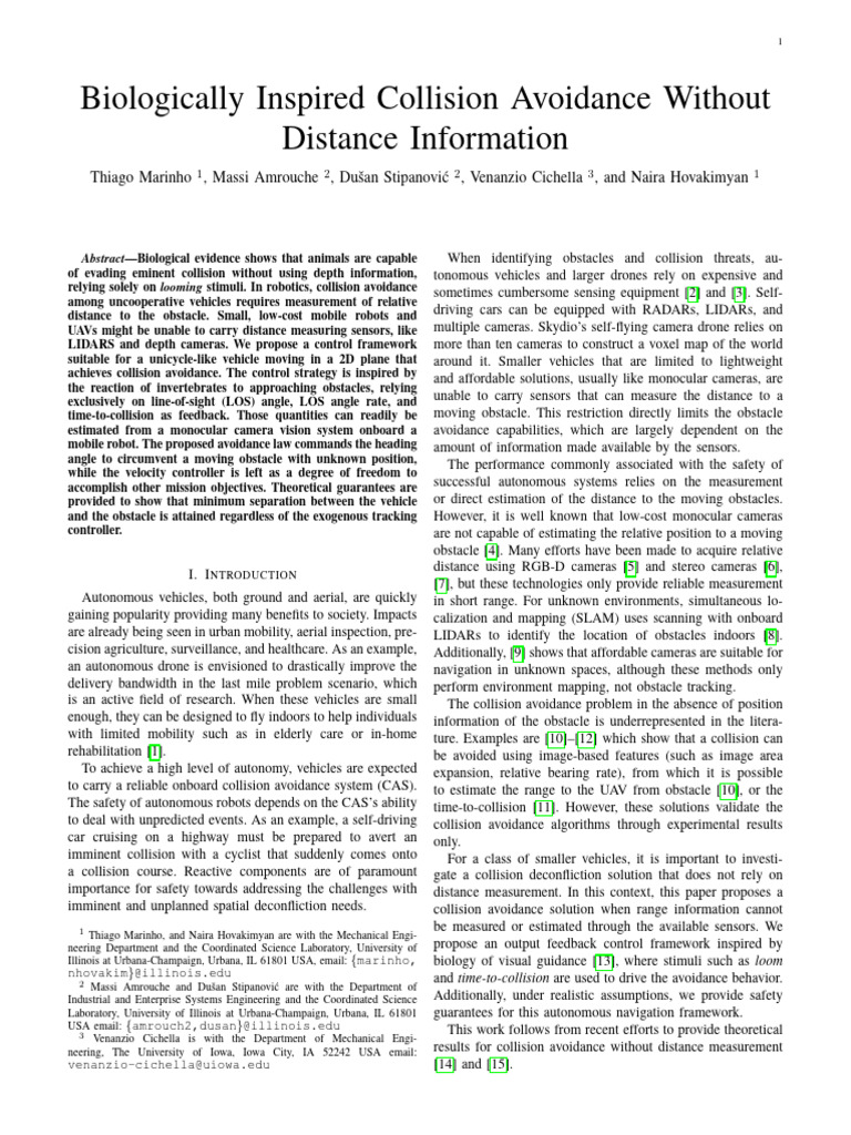 Biologically Inspired Collision Avoidance Without Distance Information ...