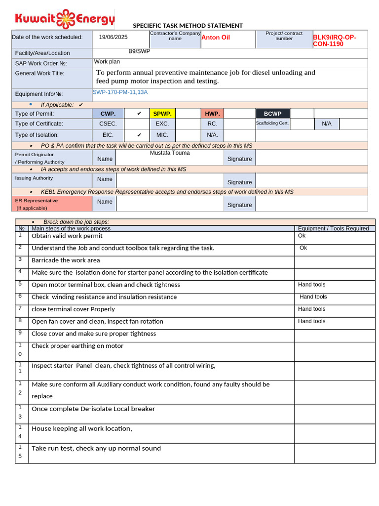 Method - Statement Filter Feed Pump Motor PM Job New Format | PDF