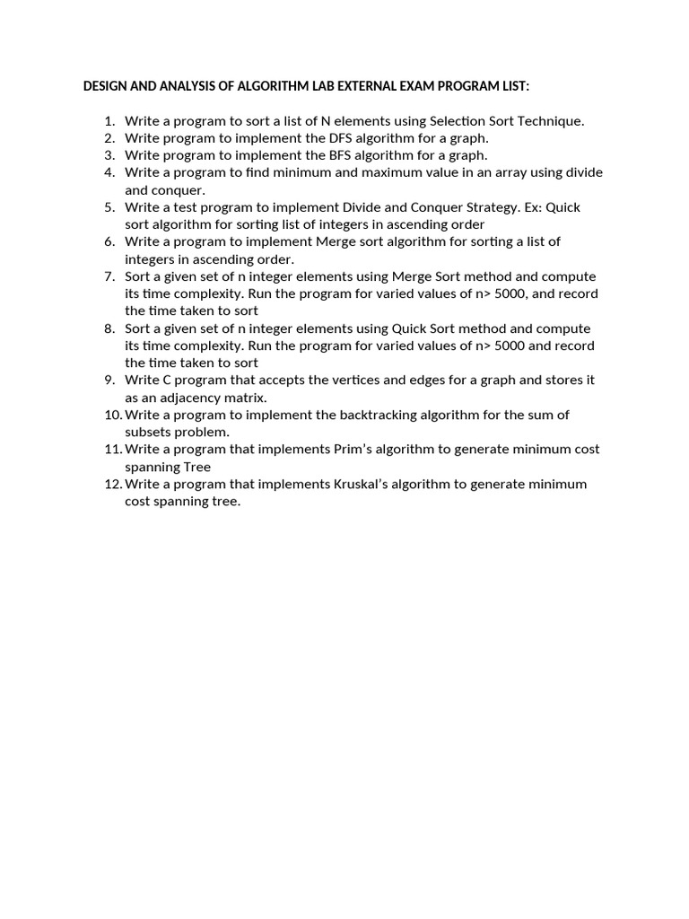 Design and Analysis of Algorithm Lab External Exam Program List | PDF