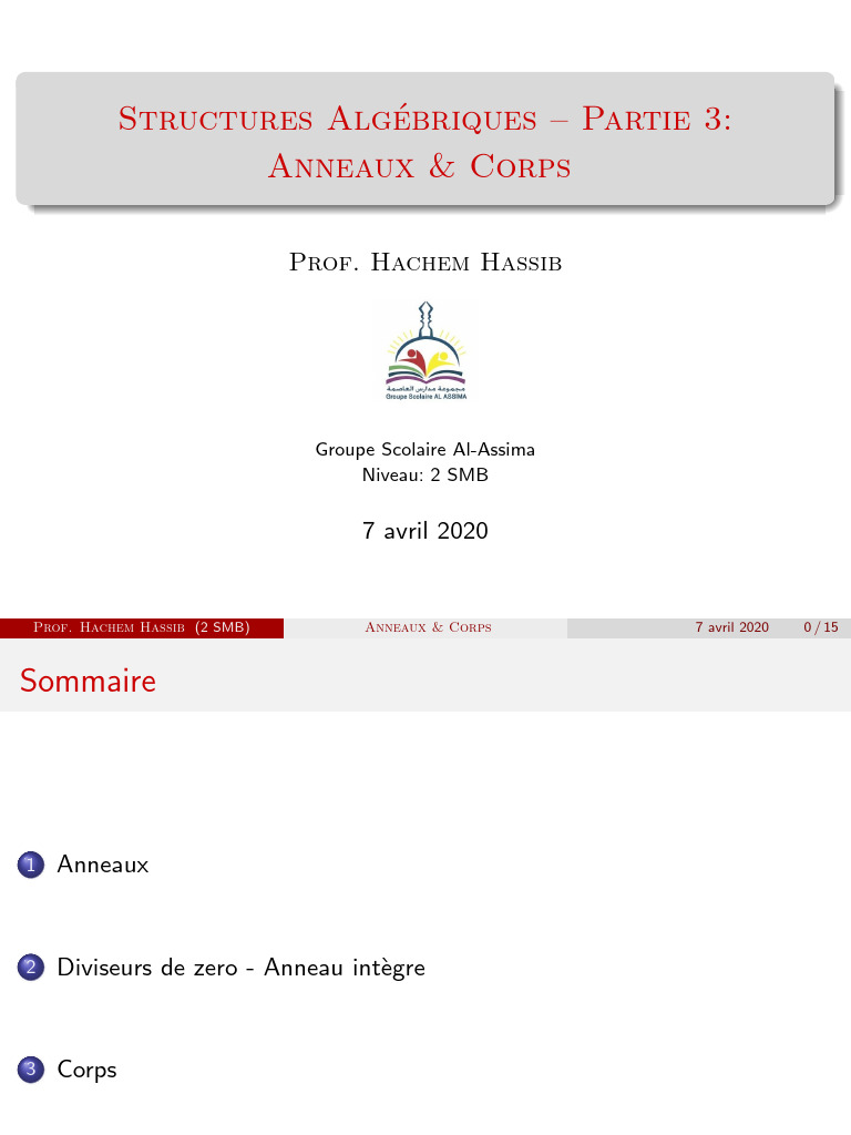 Anneaux et Corps en Algèbre | PDF | Anneau (mathématiques) | Corps ...