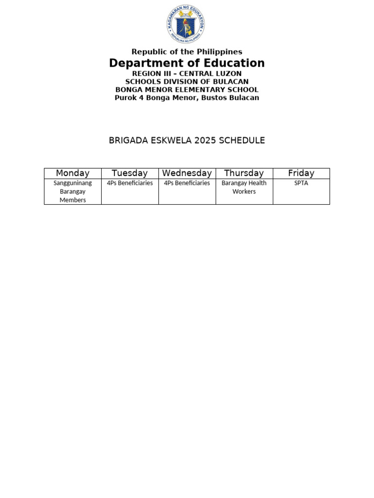 Brigada Eskwela 2025 Schedule | PDF