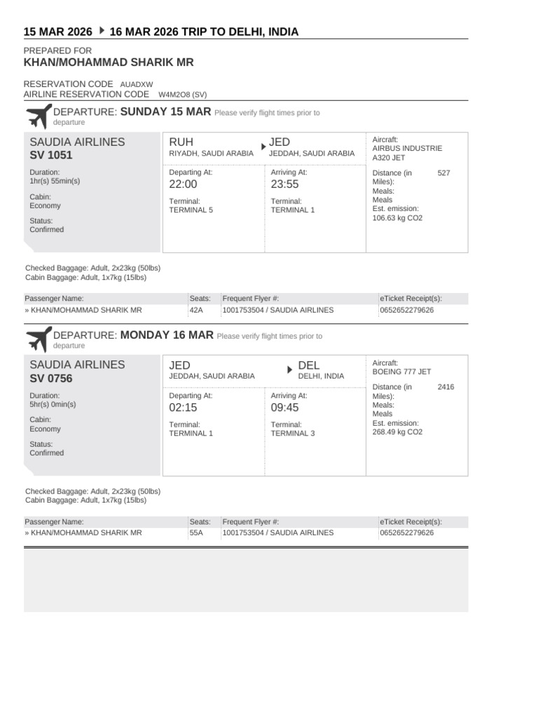 Saudia Airlines eTicket Confirmation | PDF | Jet Aircraft | Airliner