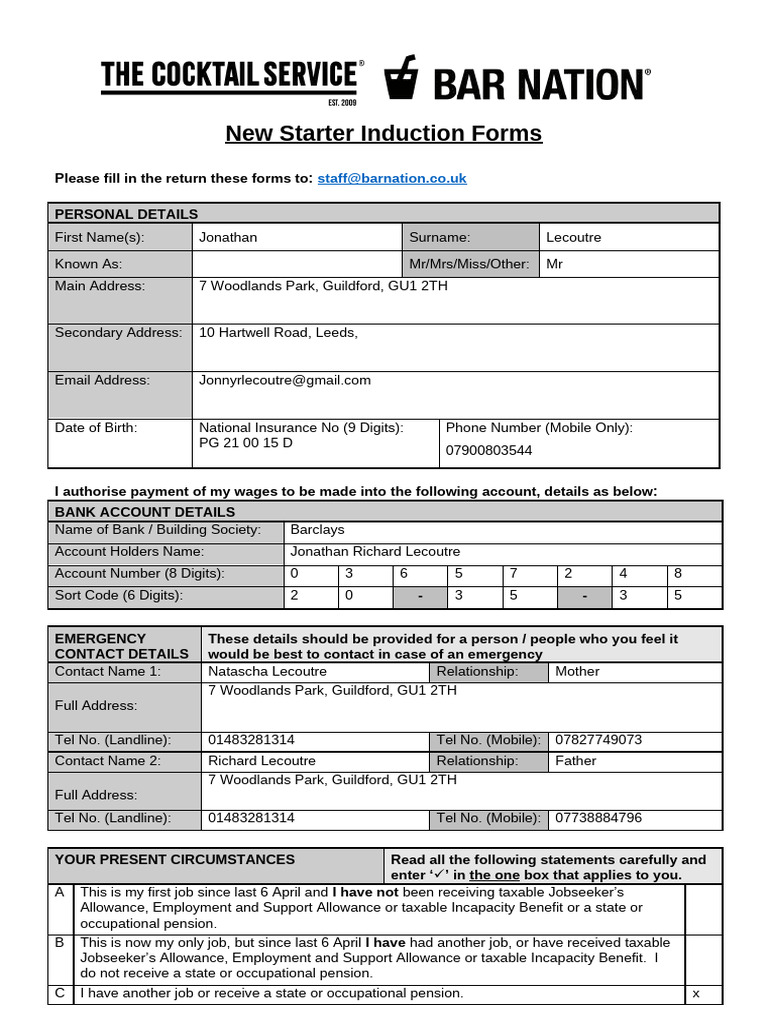 New Starter Induction Forms 2019 | PDF | Employment | Working Time