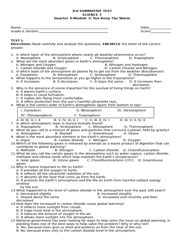 Science 7: Atmosphere and Global Warming Test | PDF | Atmosphere Of ...