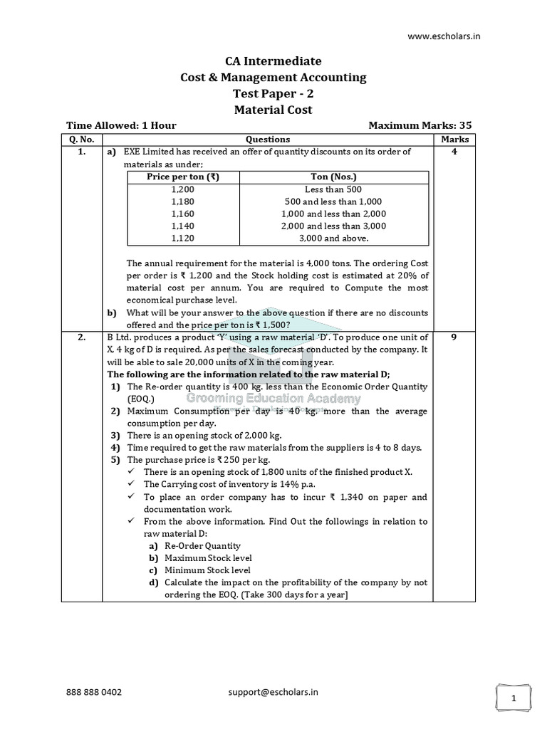 CA Intermediate Cost Accounting Test Paper | PDF | Business | Financial ...