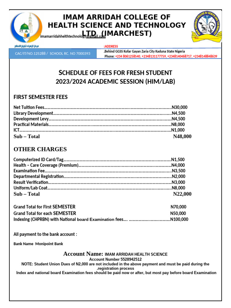 Schedule of Fees For Fresh Student Him Lab | PDF