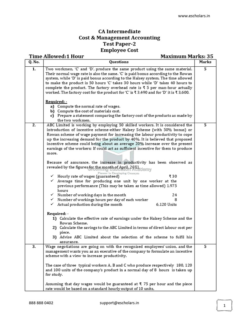 CA Intermediate Cost Accounting Test Paper | PDF | Piece Work | Wage