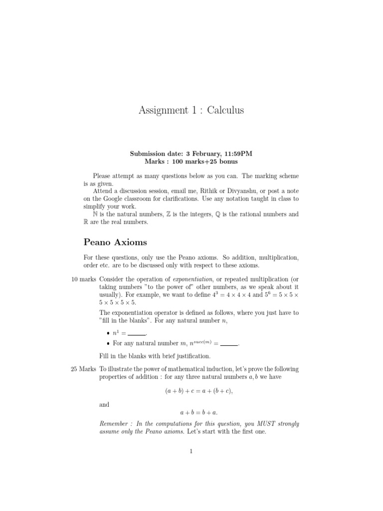 Assignment 1 CALCULUS | PDF | Natural Number | Multiplication