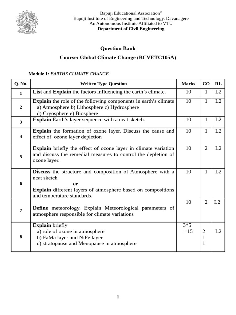 Climate Change Question Bank for Engineers | PDF | Atmosphere Of Earth ...