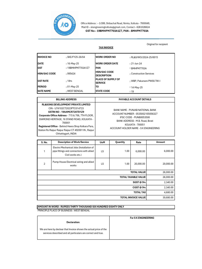 RA9 - Pakurseni PWSS TW-I (E & M) - Invoice | PDF | Economy Of India ...