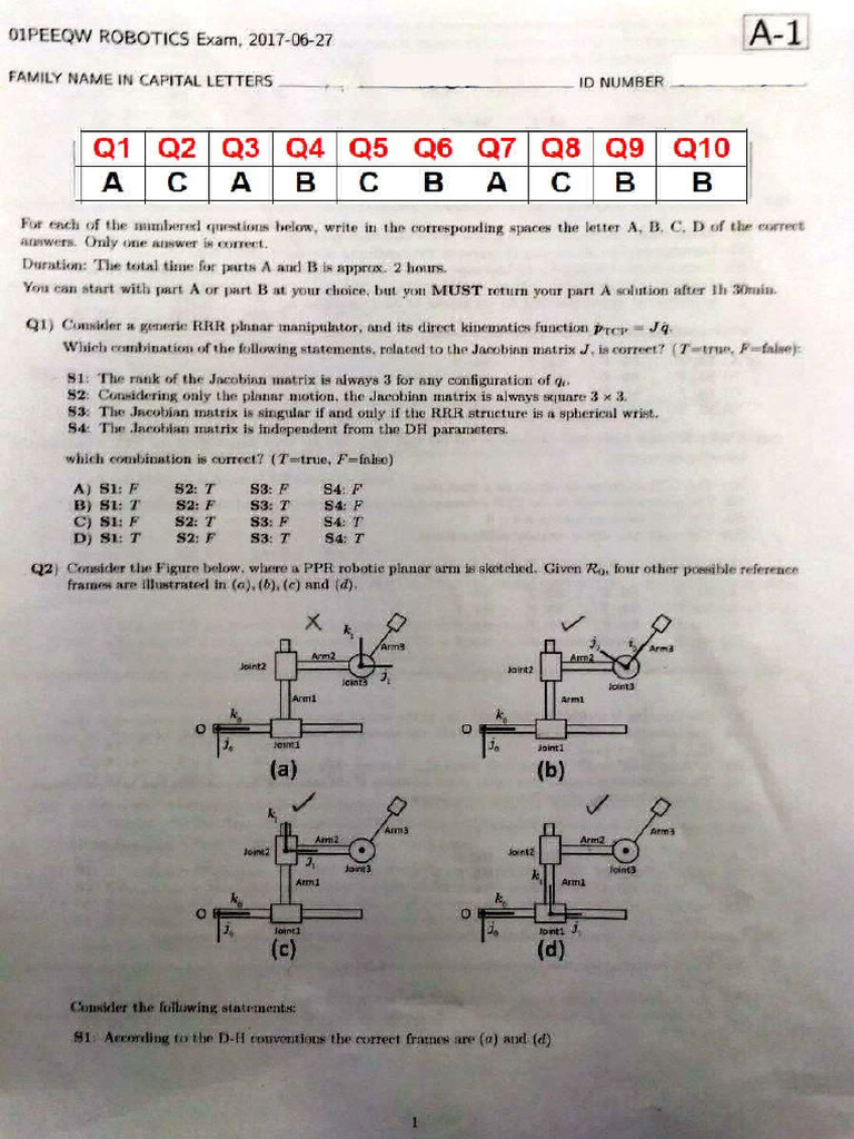 Robotics Exam Solutions: Kinematics Analysis | PDF
