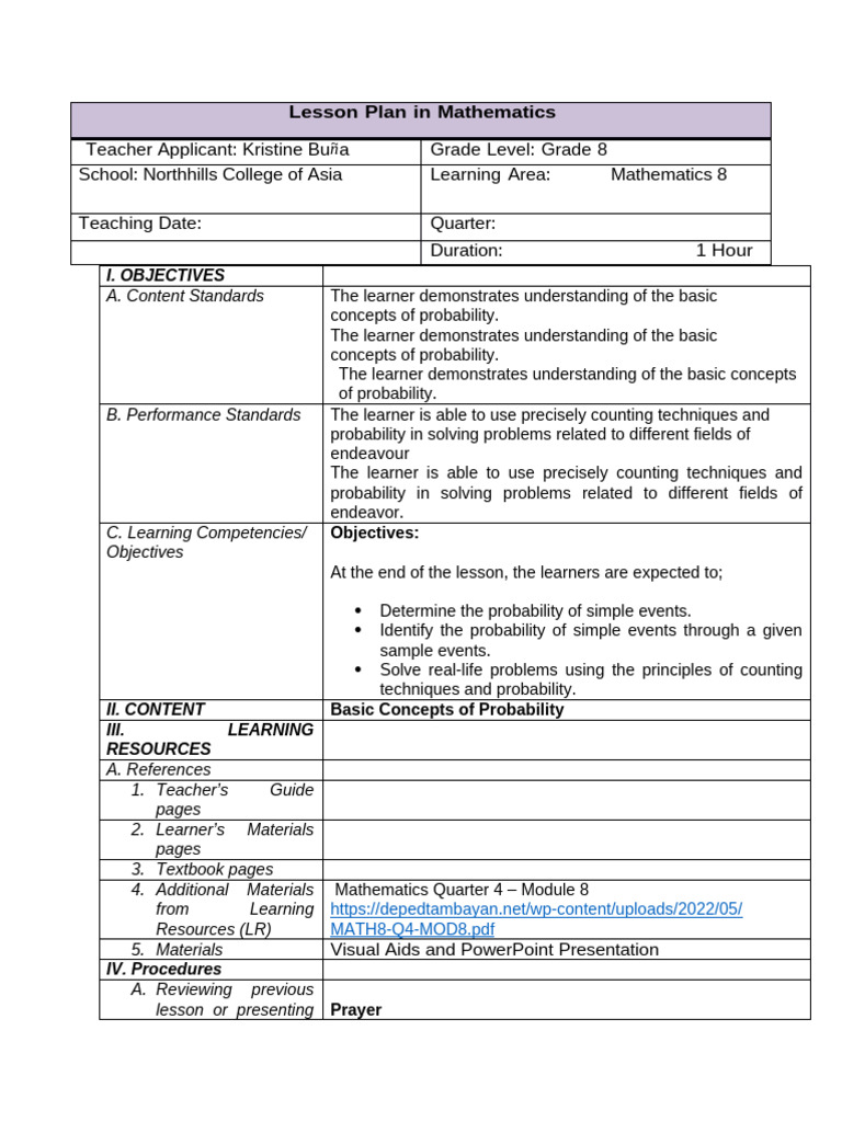 Grade 8 Probability Lesson Plan | PDF | Probability | Learning