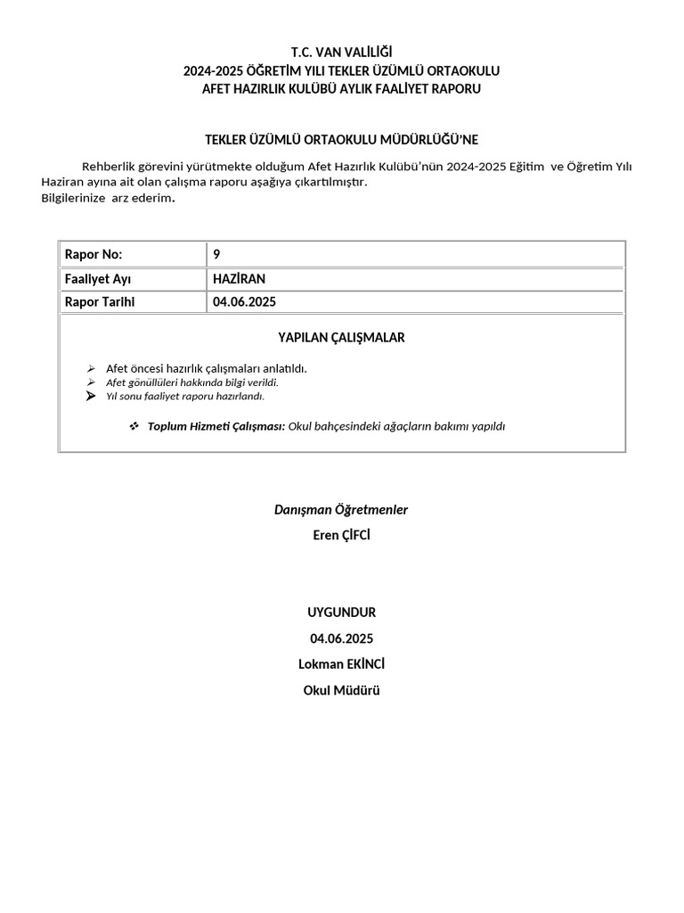 Afet Hazirlik Kulubu Haziran Ayi Faaliyet Raporu 04-06-2025 9908838 | PDF