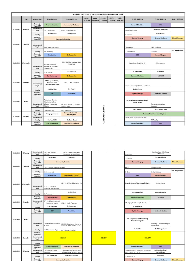 III MBBS (2022-2023) Batch Monthly Schedule - June 2025 | PDF ...