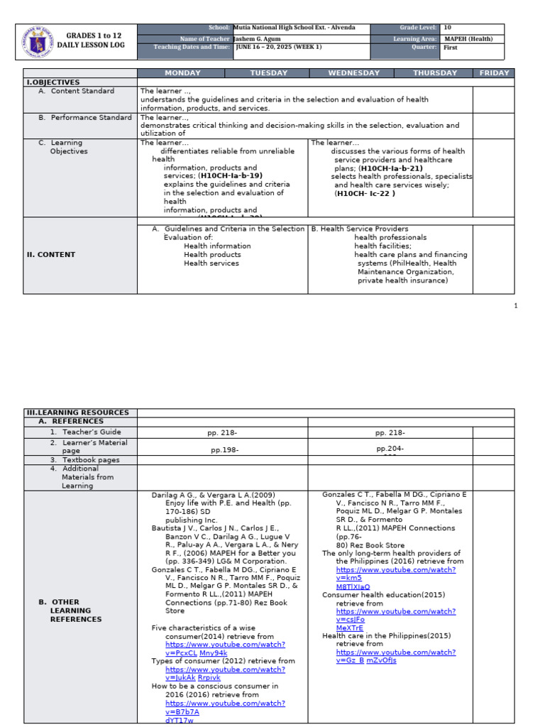 DLL Mapeh-Health 10 q1 w1 v2 | PDF | Teachers | Human Communication