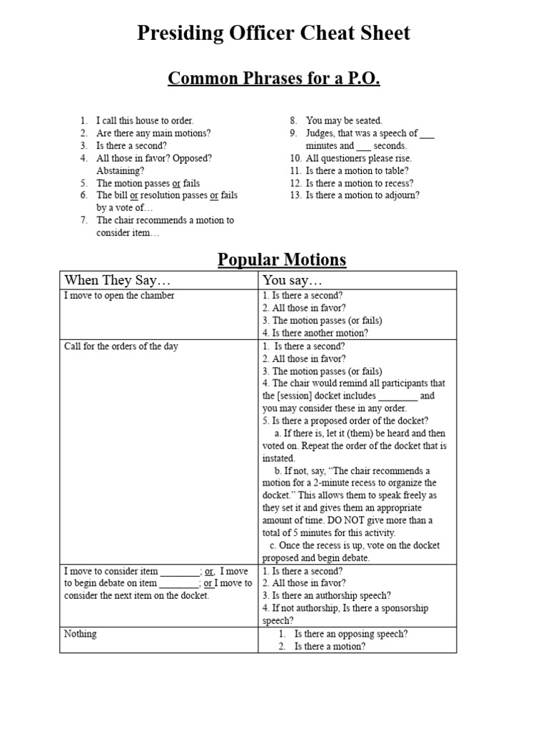 Presiding Officer's Cheat Sheet | PDF