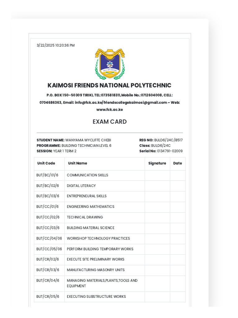 Kaimosi Friends National Polytechnic: Exam Card | PDF