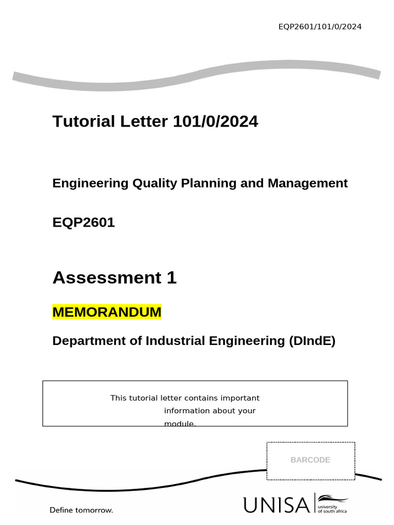 EQP2601 - 2024 - Assessment 1 - MEMORANDUM | PDF | Quality Management ...