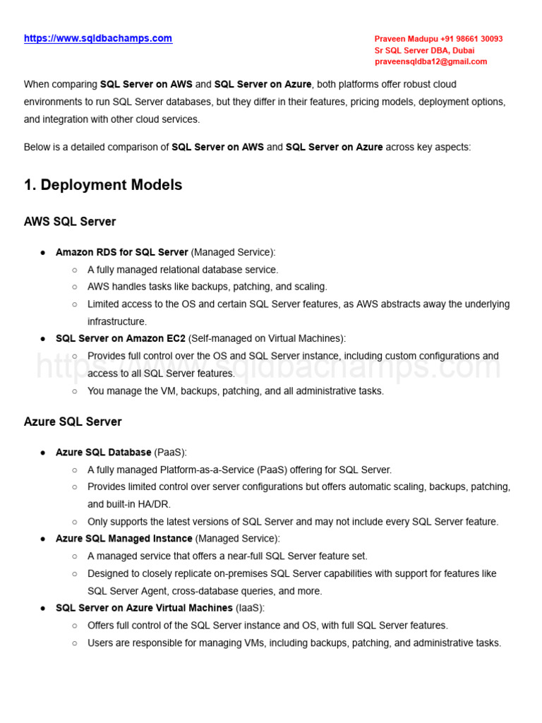 Differences Between SQL Servers in AWS and Azure Overview | PDF ...