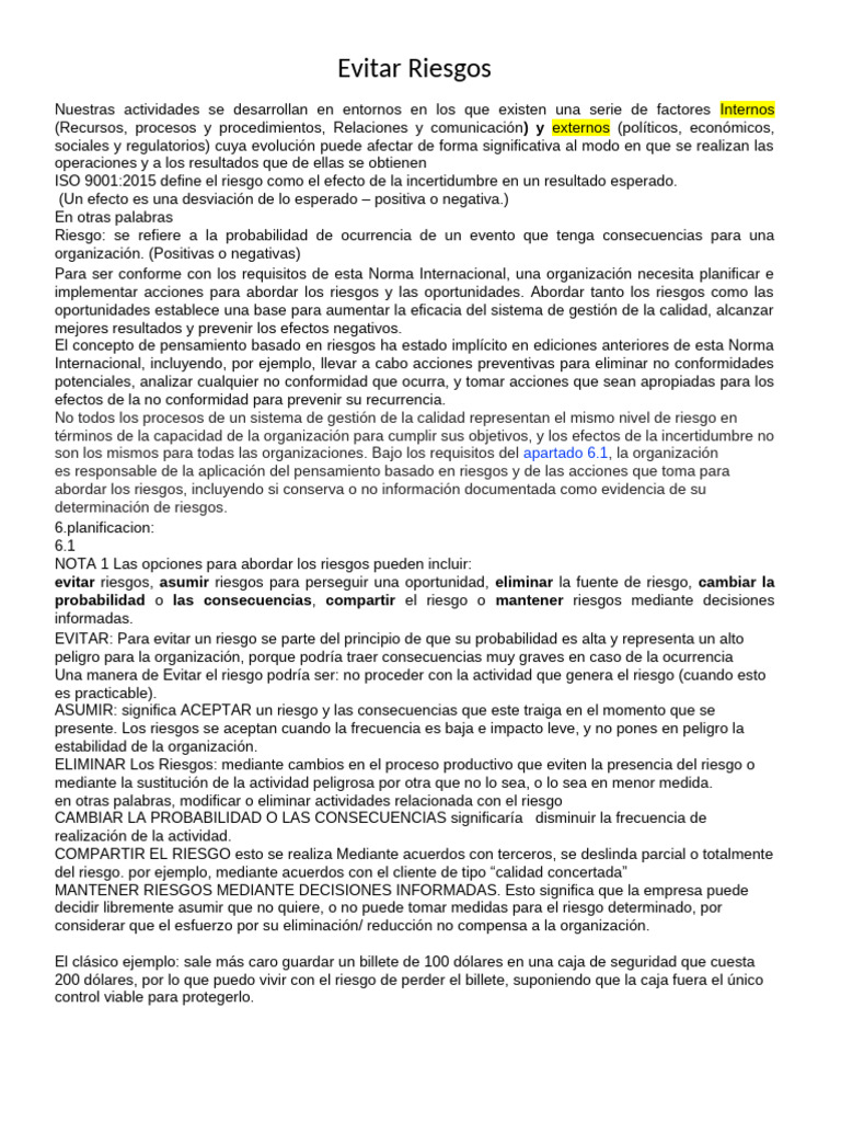 Evitar Riesgos | PDF | Riesgo | Gestión de la calidad