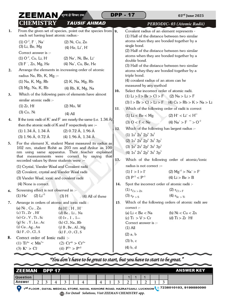 DPP 17 (PERIODIC TABLE 03) Radii (03-06-25) | PDF | Covalent Bond ...