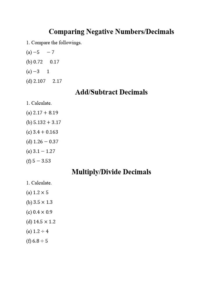 Worksheet 6. Negative and Decimals | PDF