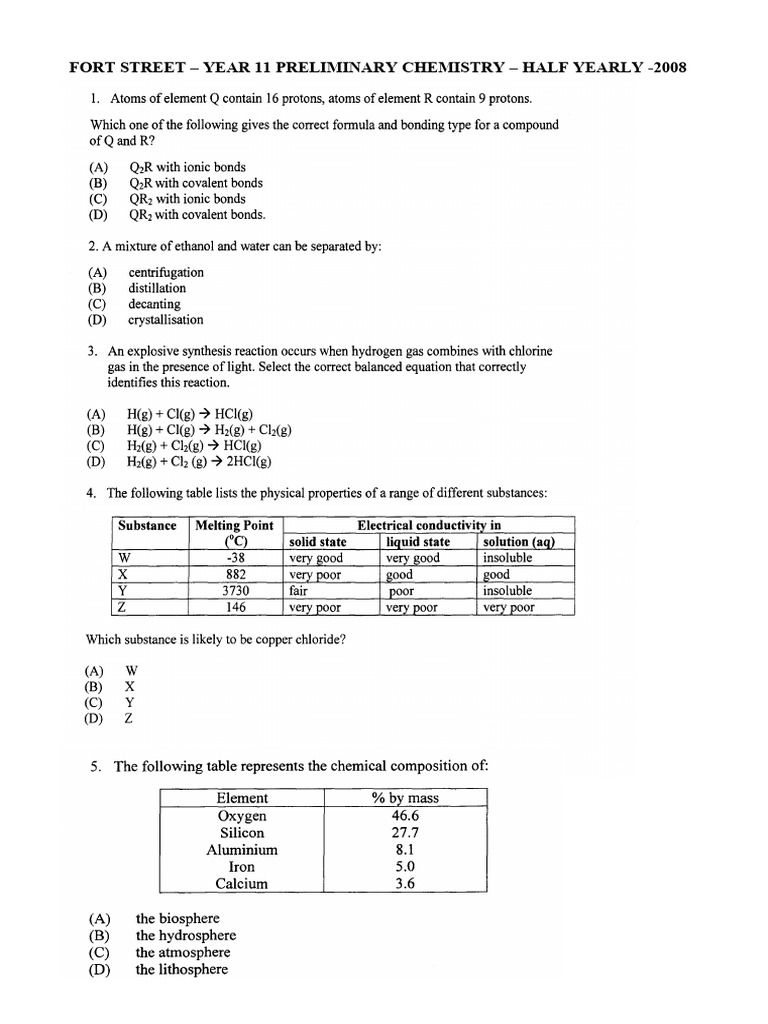 Year 11 Chemistry Half-Yearly Exam 2008 | PDF | Chemical Elements | Atoms