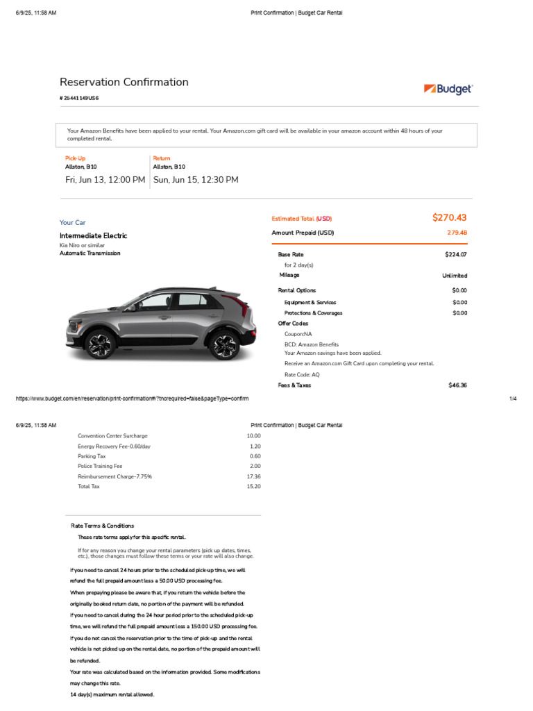 Budget Car Rental Confirmation Details | PDF | Car Rental | Fee