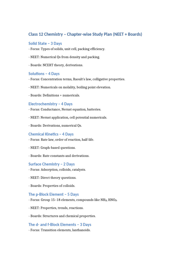 Class 12 Chemistry Study Plan | PDF