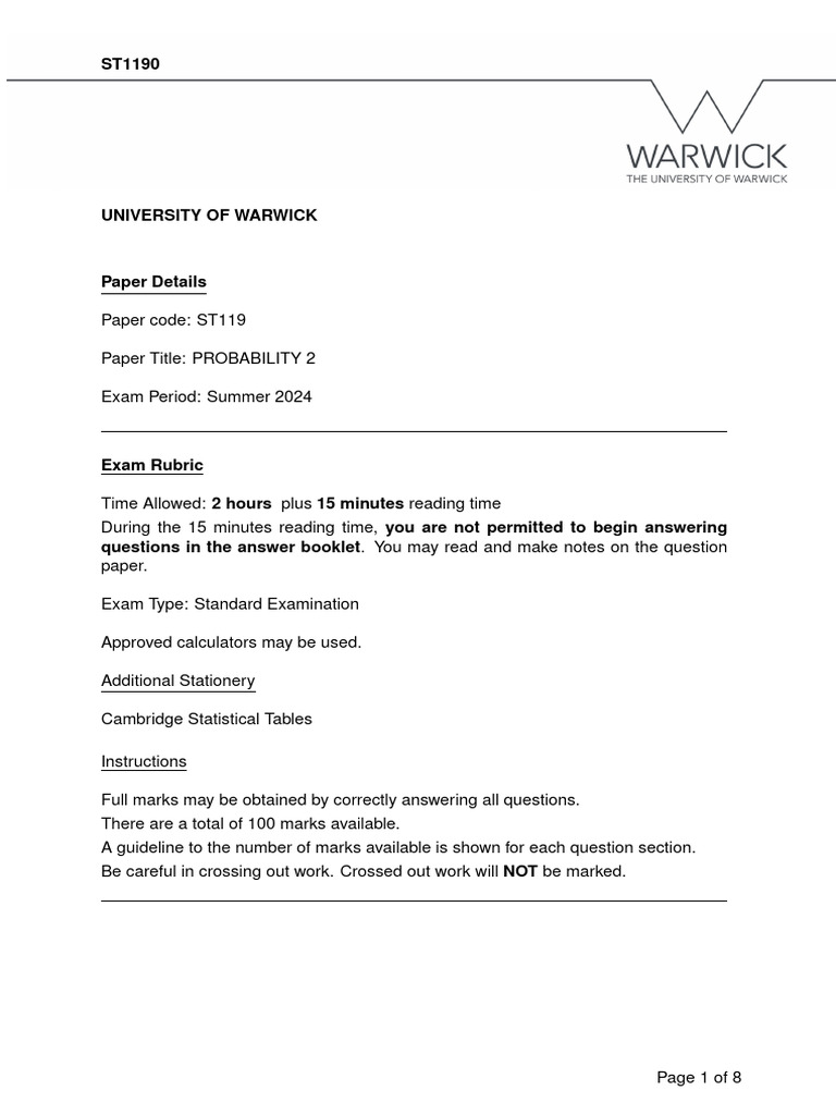 ST119 Probability 2 Exam Details | PDF | Variance | Mathematics