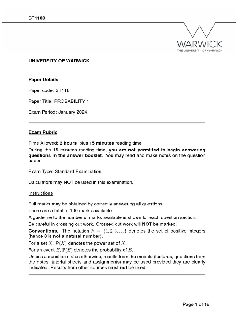 Probability 1 Exam Instructions and Questions | PDF | Probability ...