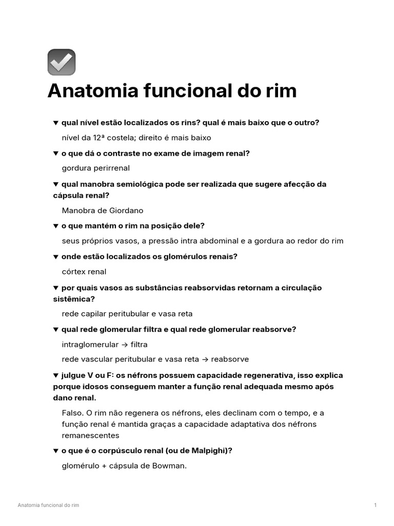 Anatomia Funcional do Rim: Estruturas e Funções | PDF | Rim ...