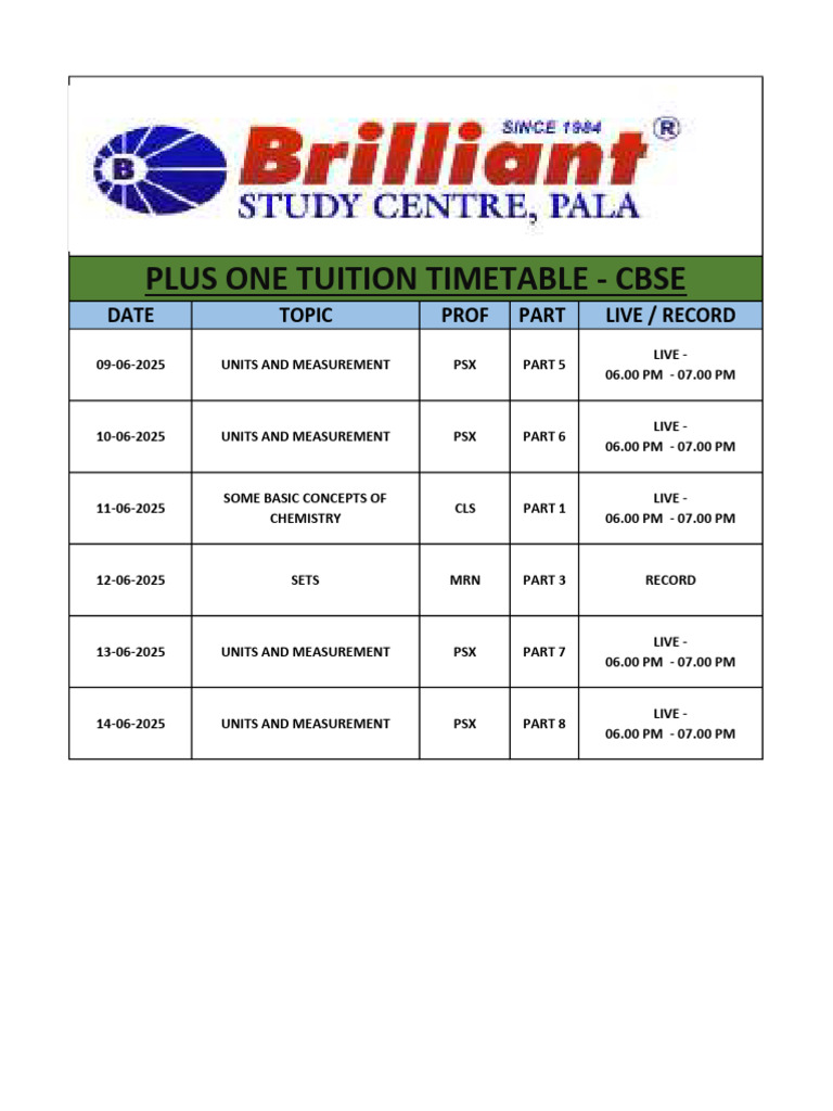 +1 Tuition Shedule (Cbse) - 2 | PDF