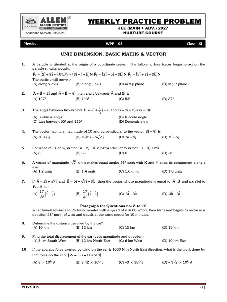 Weekly Practice Problem: Unit Dimension, Basic Maths & Vector | PDF ...