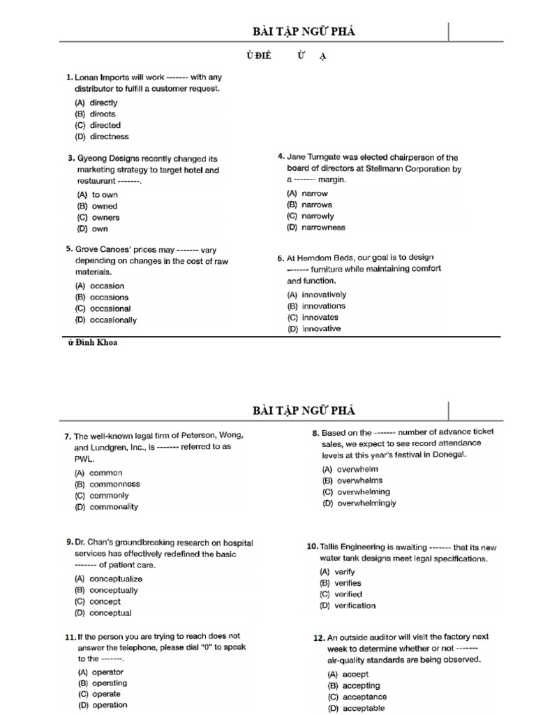 Bài Tập Ngữ Pháp Part 5 Toeic 2020 | PDF