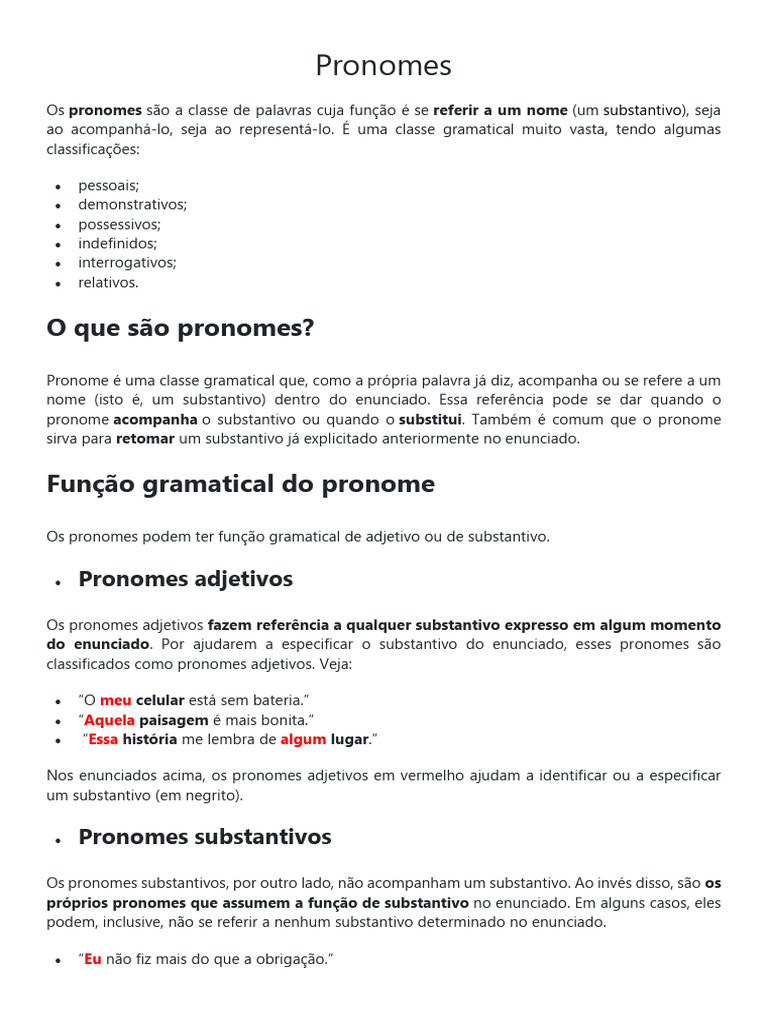 Tipos e Funções dos Pronomes na Gramática | PDF | Pronome | Morfologia ...